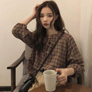 3/4-sleeve Plaid Shirt Coffee - One Size
