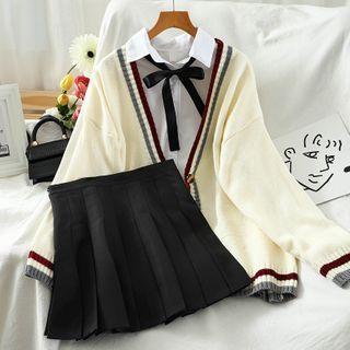 Set: Plain Shirt + Contrast Trim Cardigan + Mini Pleated Skirt