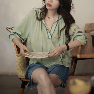 Elbow-sleeve Contrast Trim Blouse Tea Green - One Size