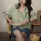 Elbow-sleeve Contrast Trim Blouse Tea Green - One Size