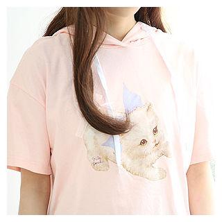 Hooded Short-sleeve Cat Print Top