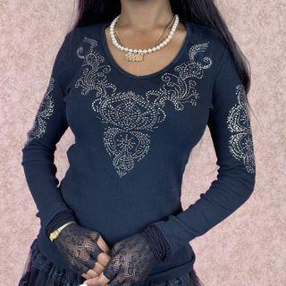 Rhinestone Round Neck Long Sleeve Top