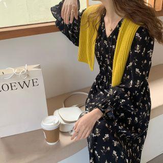 Floral V-neck Ruffle Trim Long-sleeve A-line Dress Floral Dress - One Size