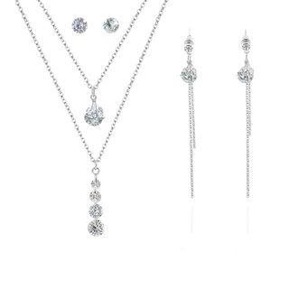 Set Of 4: Rhinestone Pendant Necklace + Stud Earrings + Drop Earrings Silver - Js6108 - One Size