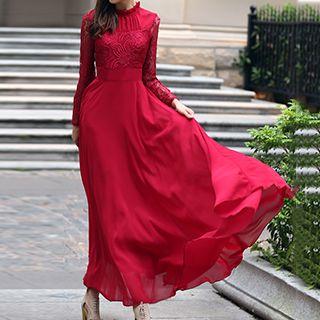 Lace Panel Chiffon Long-sleeve Maxi Dress