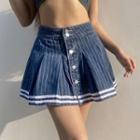 Striped Denim Pleated A-line Skirt