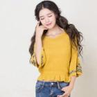 Flower Embroidered V-neck Peplum Sweater