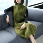 Color Block High Neck Midi Knit Dress