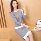 Set: Long-sleeve Knit Top + Contrast-trim Knit Skirt