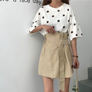 Polka Dot Elbow-sleeve T-shirt / High-waist A-line Skirt