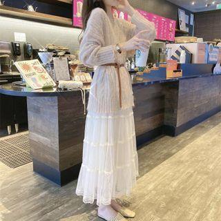 Set: Long-sleeve Cable Knit Sweater + High-waist Plain Skirt