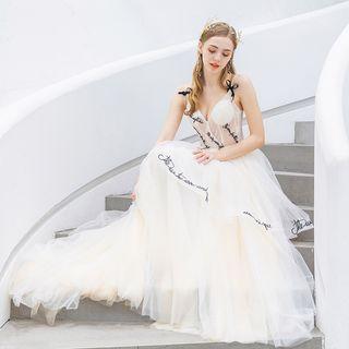 Spaghetti Strap Sheer Letter Trained A-line Evening Gown
