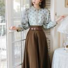 Set: Long-sleeve Dotted Shirt + High-waist Midi A-line Skirt