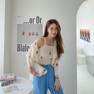 Set: Flower-embroidered Cardigan + Knit Tank Top Beige - One Size