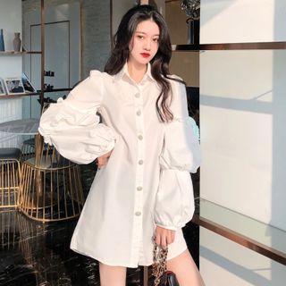 Plain Balloon Sleeve Shirt Dress White - One Size
