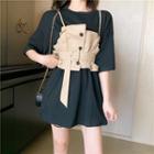 Set: Elbow-sleeve T-shirt + Spaghetti-strap Buttoned Top