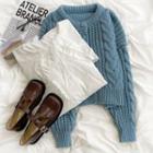 Long-sleeve Plain Cable Knit Cardigan + Long-sleeve Double-layered  Ruffle Trim Shirt