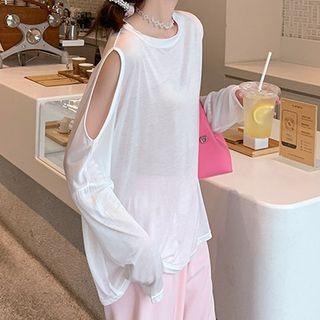 Long-sleeve Ripped Plain Sheer T-shirt
