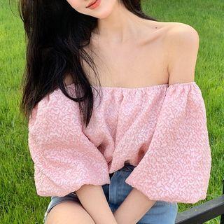 Puff-sleeve Off-shoulder Patterned Blouse Pink - One Size