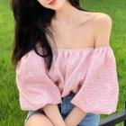 Puff-sleeve Off-shoulder Patterned Blouse Pink - One Size