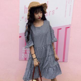 Gingham Cold Shoulder Elbow-sleeve A-line Dress