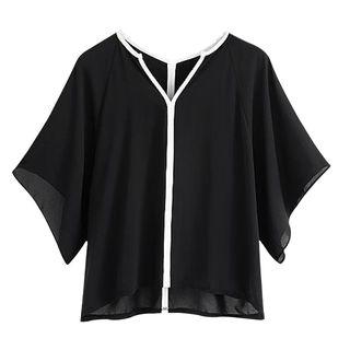 Piped V-neck Elbow-sleeve Blouse