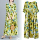 Elbow-sleeve Floral Print A-line Maxi Dress As Shown In Figure - One Size