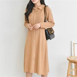 Open-placket Knit Midi Shirtdress