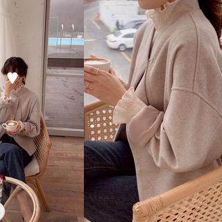 Gathered-waist Zip-up Jacket Beige - One Size