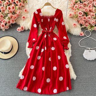 Long Sleeve Dot Print Tie Waist Dress