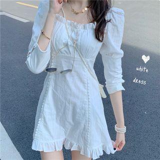 3/4-sleeve Ruffled A-line Mini Dress
