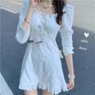3/4-sleeve Ruffled A-line Mini Dress