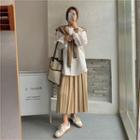 Plain Long-sleeve Loose-fit Blouse / Knit Shawl / Pleated Midi Skirt