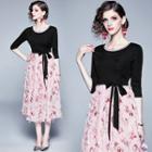 Flower Print Tasseled Elbow-sleeve A-line Dress