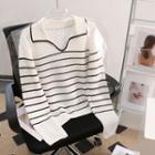 Striped Polo-neck Knit Top White - One Size