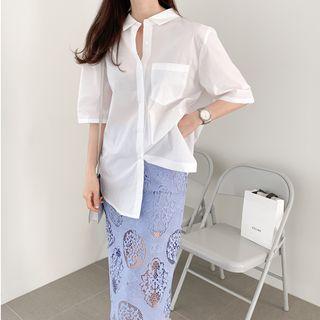 Short-sleeve Shirt / Lace Midi Skirt / Set