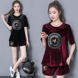 Set: Short-sleeve Applique Velvet Top + Shorts