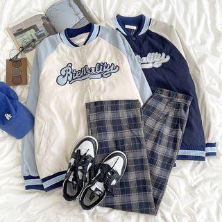 Long-sleeve Color-block Lettering Embroidered Bomber Jacket