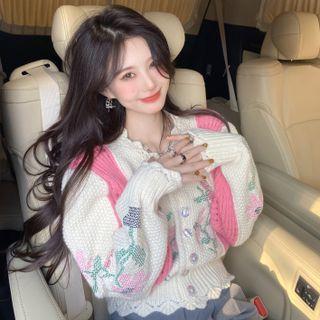 Long-sleeve Embroidered Cardigan Off-white - One Size