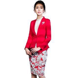 Single-button Blazer / Embellished-neckline Blouse / Printed Skirt