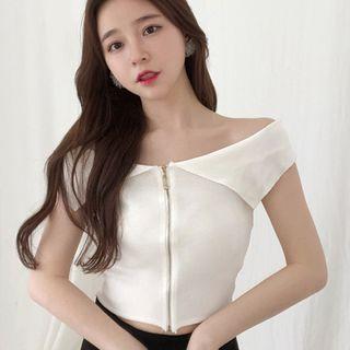 Zip Front Off-shoulder Knit Top