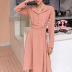 Long-sleeve Tie-waist A-line Dress Pink - One Size