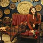 V-neck Sweater / Plaid Midi A-line Skirt / Belt / Set