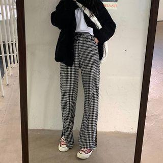 Houndstooth Slit Wide-leg Pants