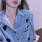 Long-sleeve Heart Print Denim Shirt Blue - One Size