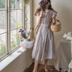 Flutter-sleeve Checked Long Dress Beige & Pink - One Size