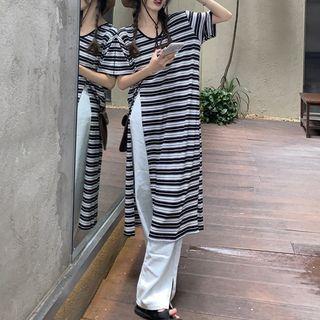 Short-sleeve Striped Slit Midi T-shirt Dress Black & White - One Size