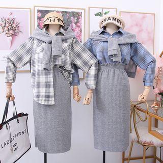 Set: Plaid Shirt + Lettering Shawl + Paperbag-waist Midi Skirt