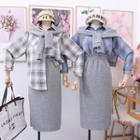 Set: Plaid Shirt + Lettering Shawl + Paperbag-waist Midi Skirt