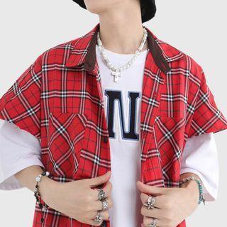 Short-sleeve Plaid Shirt Silver - One Size